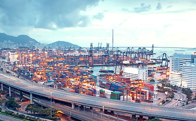 Image showing container terminal and stonecutter bridge in Hong Kong 