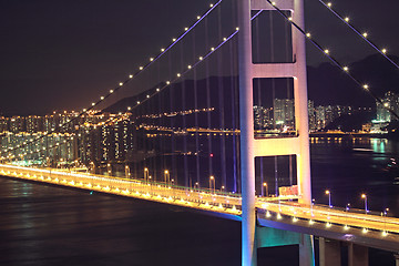 Image showing Beautiful night scenes of Tsing Ma Bridge in Hong Kong. 