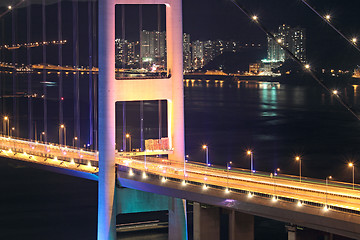 Image showing Beautiful night scenes of Tsing Ma Bridge in Hong Kong. 