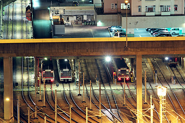 Image showing Train tracks in hongkong by night.