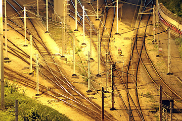 Image showing Train tracks in hongkong by night.