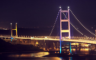 Image showing Beautiful night scenes of Tsing Ma Bridge in Hong Kong. 