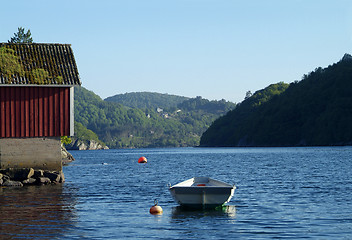 Image showing Dinghy and old boathouse