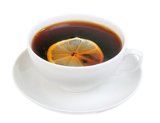 Image showing Cup on saucer with tea and slice of lemon