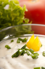 Image showing Delicious cream cheese with chives and vegetables