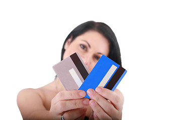 Image showing woman with credit cards, shallow 