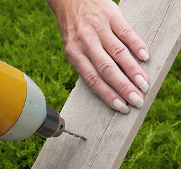 Image showing Board, Drill, Female Hand