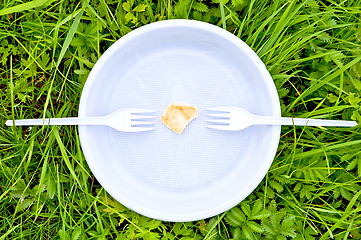Image showing One chips on a white plate with forks