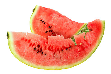 Image showing Two red slice of ripe watermelon