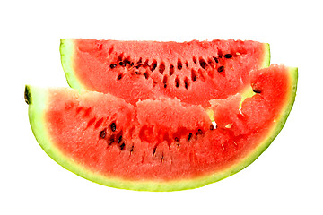 Image showing Two red slice of ripe water melon