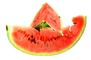 Image showing Two red slice of a ripe watermelon
