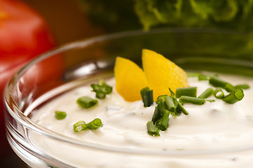 Image showing Delicious cream cheese with chives and vegetables