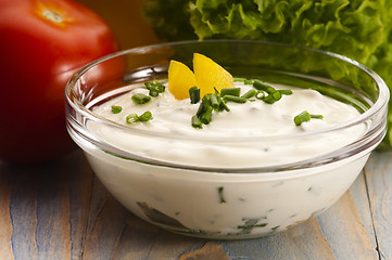 Image showing Delicious cream cheese with chives and vegetables