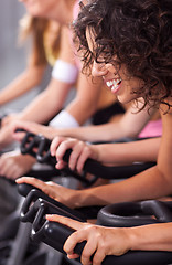 Image showing Attractive females on bicycles in a gym