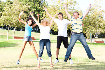 Image showing Family jumping high in the air on a green meadow