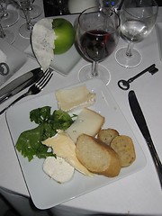 Image showing Cheese, bread and wine