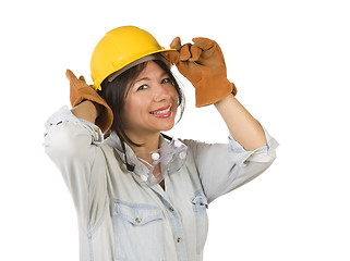 Image showing Attractive Hispanic Woman with Hard Hat, Goggles and Work Gloves