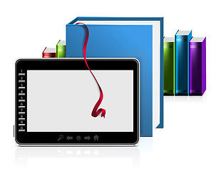 Image showing E-book reader with stack of books on white