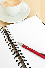 Image showing Notebook, Coffee and Ballpoint