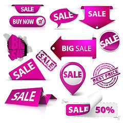 Image showing Collection of vector purple sale tickets, labels, stamps, stickers