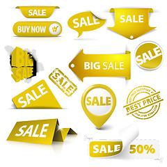 Image showing Collection of vector golden yellow sale tickets, labels, stamps