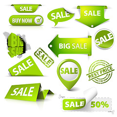 Image showing Collection of vector green sale tickets, labels, stamps
