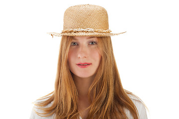 Image showing blond woman and straw bonnet