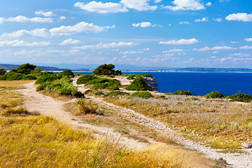 Image showing Mediterranean sea coast at sunset.