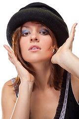 Image showing pretty young woman with black bonnet