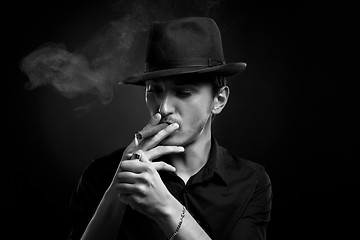 Image showing Man with hat and cigar in Black & White