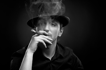Image showing Man with hat and cigar in Black & White