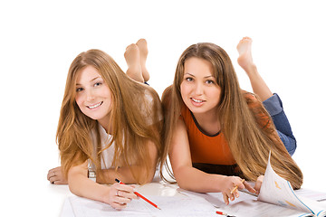 Image showing two young happy student girl, isolated on white