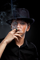 Image showing Gangster look. Man with hat and cigar.