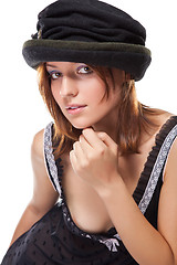 Image showing pretty young woman with black bonnet