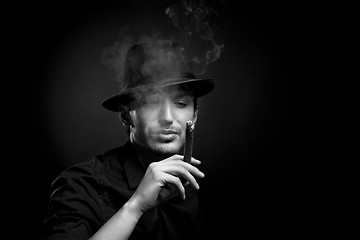 Image showing Man with hat and cigar in Black & White