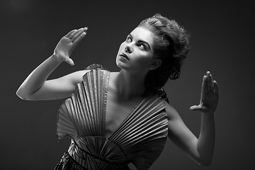 Image showing Woman in old fashioned dress, in Black & White