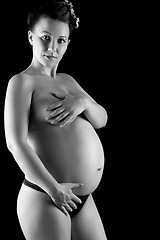 Image showing Beautiful pregnant woman in back & wite