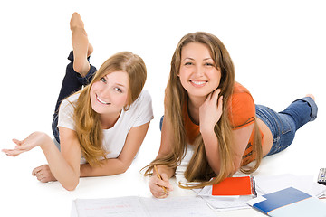 Image showing two young happy student girl, isolated on white