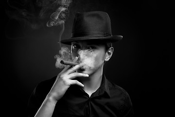 Image showing Man with hat and cigar in Black & White