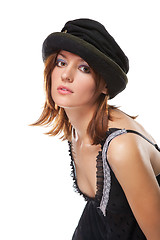 Image showing pretty young woman with black bonnet