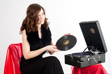 Image showing Beautiful woman with gramophone,