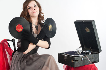 Image showing Beautiful woman with gramophone,