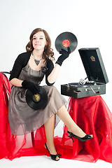 Image showing Beautiful woman with gramophone,