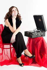 Image showing Beautiful woman with gramophone,