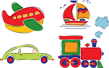 Image showing Ñhild has drawn car, plane, ship and train, vector