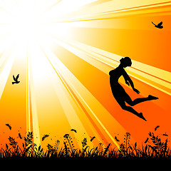 Image showing Nature background with silhouette jumping girl