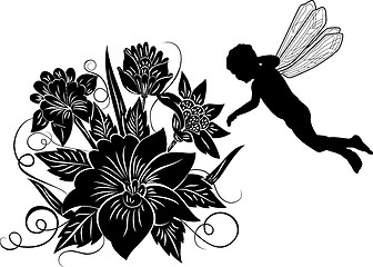 Image showing Element for design, flower with silhouette elf, illustration