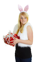 Image showing Young woman dressed a rabbit received gift