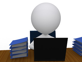 Image showing 3D busy business man with a pile of work on his desk - isolated 