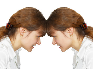 Image showing Woman facing her forehead with herself